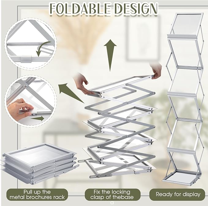 Tatuo Foldable Magazine Rack Metal Catalog Literature Rack Portable 6 Pockets with Carrying Bag Aluminum Brochure Stand Display Holder Stand for Exhibition Trade Show Office Retail Store