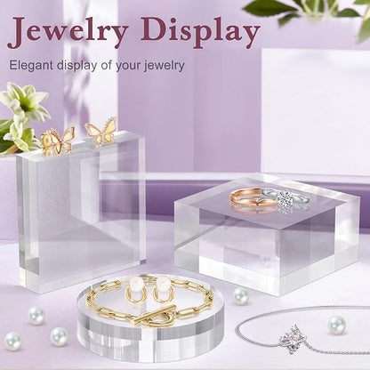 Acrylic Base Stand 4 Pieces Acrylic Blocks for Display 4 X 4 X 1 Inch Clear Polished Block Round Cube Riser Display Pedestal Stands for Jewelry Perfume Ring Collection Props Cake