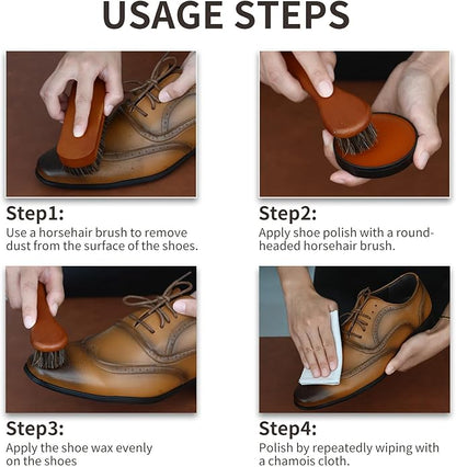 IKI Shoe Shine Polish Kit - 7PCS Leather Boot Care Kit with Black Shoe Polish Horsehair Brush Cloth Shoe Horn for Men