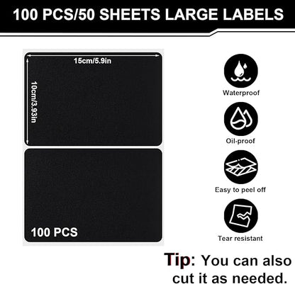 100 Pcs Labels for Storage Bins, 6 x 4 inch Black Large Label Stickers with 1 Liquid Chalk Marker Removable Labels Adhesive Chalkboard Labels Tear Resistant No Residue for School Business Home
