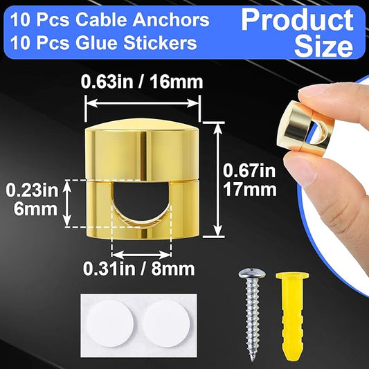 10 Sets Charger Holders for Cords, Gold Color Adjustable Cable Anchor Holders, Adhesive Metal Cord Clips, Cable Management Wire Organizers for Desk, Office, Nightstand