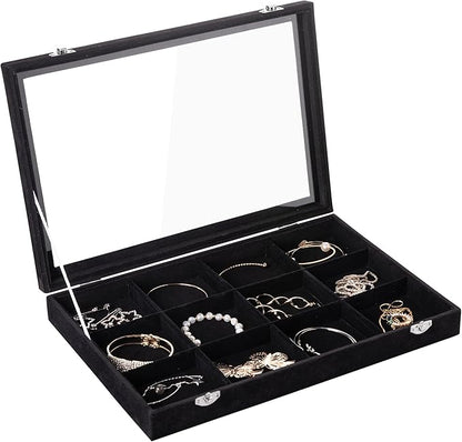 Frebeauty Velvet Jewelry Tray,12 Grid Jewelry Organizer with Clear Lid,Bracelets Holder,Jewelry Display Case with Clasp,Drawer Insert Bangle Brooch,13.8 x 9.5 x 2 Inches,Gift for Women Girls(Black)