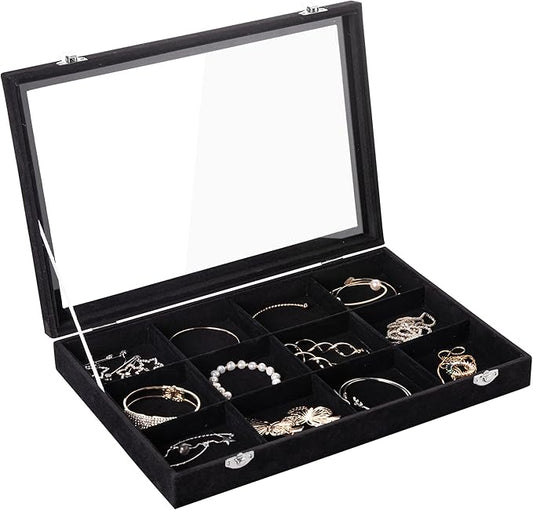 Frebeauty Velvet Jewelry Tray,12 Grid Jewelry Organizer with Clear Lid,Bracelets Holder,Jewelry Display Case with Clasp,Drawer Insert Bangle Brooch,13.8 x 9.5 x 2 Inches,Gift for Women Girls(Black)