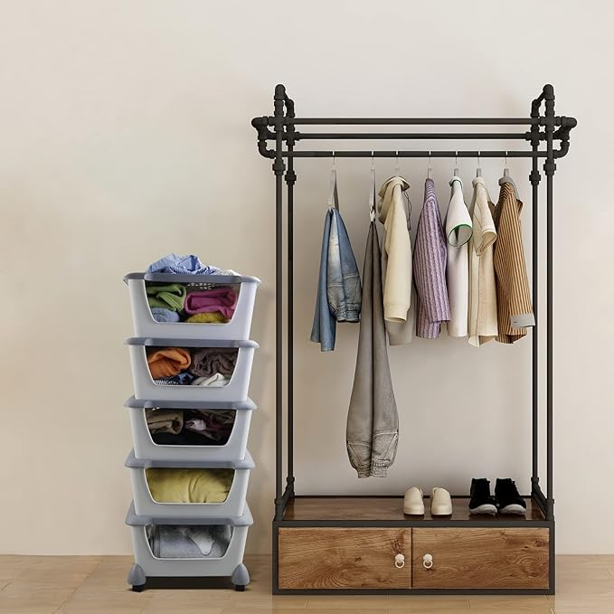 5 Tiers Plastic Stacking Storage Baskets, Kitchen Stackable Storage Bins, Grey