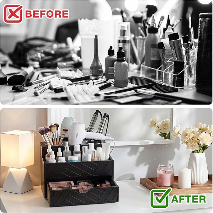 BrightRow Black Hair Tool Organizer with Drawer, Hair Brush Storage for Bathroom and Vanity Countertop, Fits Blow Dryer, Curling Iron, Makeup Brushes, Skincare, Hot Tools Organizer for a Tidy Counter