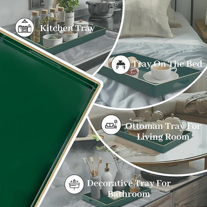 MAONAME Dark Green Decorative Tray, Serving Tray with Handles, Plastic Trays for Coffee Table, Rectangular Trays for Living Room, Bedroom, 15.8" X 10.2" X 1.4"