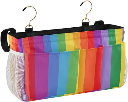 CuwrYet Bedside Caddy Hanging Bunk Bed Caddy Bed Organizer Hanging Pocket with 2 Hooks Bedside Storage Organizer Pocket Bag Holder Vibrant Colorful Stripes