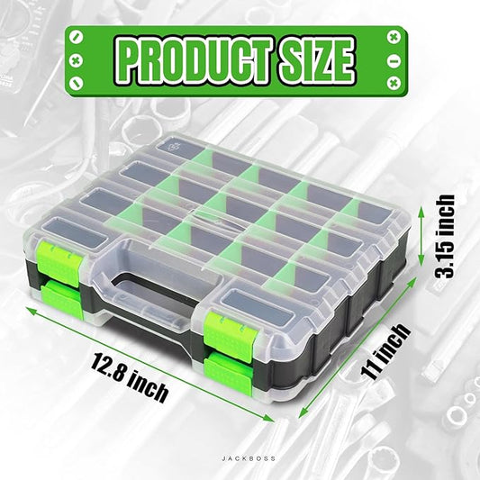 Tool Box with Transparent Lid, Double Side 34-Compartments Organizer Box with Removable Dividers for Hardware, Screws, Bolts, Nails, Beads, Jewelry and Fishing Accessories, Green, 1 Pack