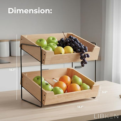 2-Tier Fruit Basket Countertop Organizer – Rubberwood & Metal Fruit Stand – Minimal Scandinavian Design Storage for Fruits, Vegetables, Bread & Snacks – Airflow Design, Easy Assembly