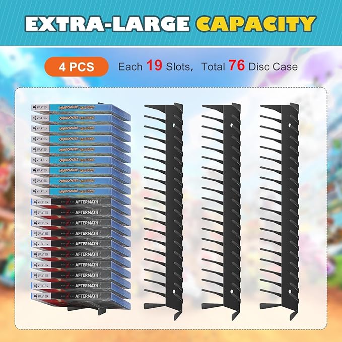 Video Game Storage Wall Mount - 4PCS Heavy-Duty Metal Game Case Holder Media Storage Shelves for PS, Xbox, DVD, Switch Game Organizer Display Stand, Holds up to 76