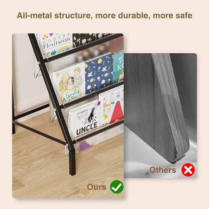 High-Transparent 4 Tier Kids Bookshelf, Sturdy Metal Large Size Book Rack Storage for Kids (Black)