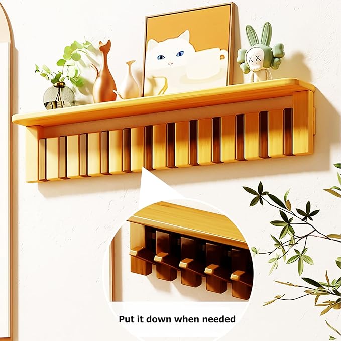Wall Mounted Coat RackHooks Piano Key Hangers Natural Solid Wood Hanger Non-Woven Fabric Clothes Hangers for Closet, Kitchen, Bedroom, Bathroom, Entryway (Tray Walnut-Beech, 8 Hooks)