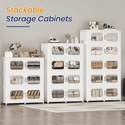 150Gal Exra Large Stackable Storage Bins with Lid, 600QT Collapsible Storage Box with 6x Wheels, Folding Plastic Cabinet Container with Door Drawer for Home Kitchen Office Dorm, 3Pack White