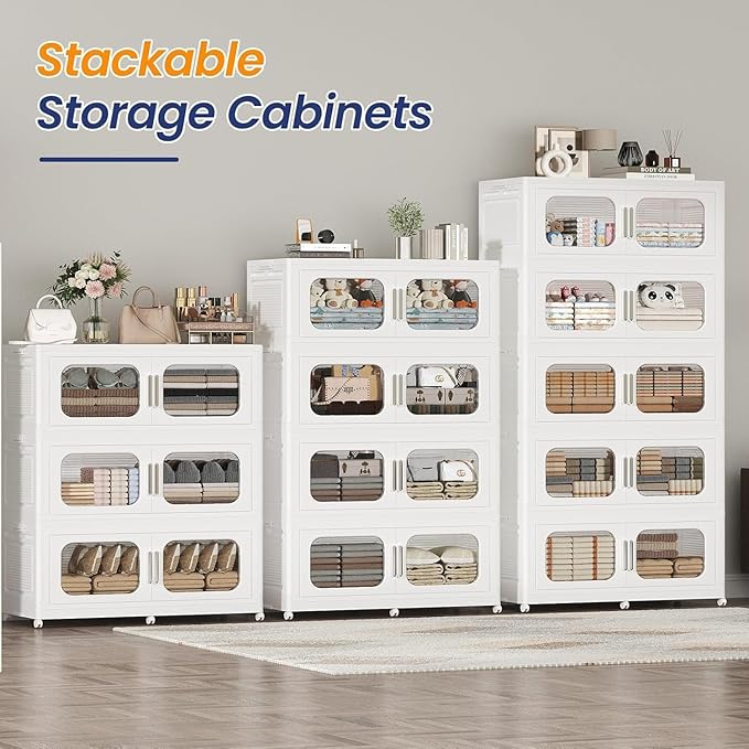 250Gal Exra Large Stackable Storage Bins with Lid, 1000QT Collapsible Storage Box with 6x Wheels, Folding Plastic Cabinet Container with Door Drawer for Home Kitchen Office Dorm, 5Pack White