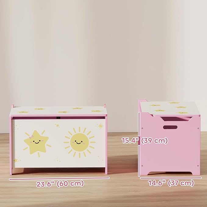 Qaba Toy Box with Lid, Toy Chest with Safety Hinges for Kids Boys Girls, Storage Organizer for Living Room, Playroom, Nursery, Bedroom, 24" L x 15" W x 15" H, Pink