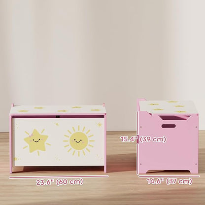 Qaba Toy Box with Lid, Toy Chest with Safety Hinges for Kids Boys Girls, Storage Organizer for Living Room, Playroom, Nursery, Bedroom, 24" L x 15" W x 15" H, Pink