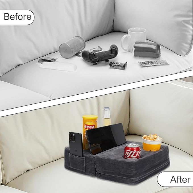Couch Cup Holder Tray Pillow, Large Sofa Organizer Caddy with 6 Holes and Side Pocket Bed Refreshment Tray for iPad, Drinks, Remotes, Phones, Snacks, Removable & Washable (Grey)