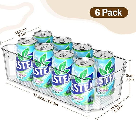 Clear Fridge Organizer, Refrigerator Organizer Bins with Handle, Freezer, Kitchen Cabinet, Pantry Organization, BPA Free Fridge Organizers (12.4 inch 6 Pack)