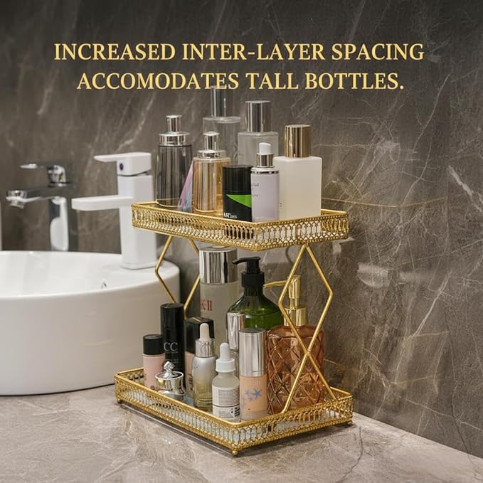 MLVOC Makeup Organizer Countertop, Gold Skincare Organizer, Durable Metal Storage for Bathroom or Bedroom Vanity, Tall Spacious Design for Large Bottles
