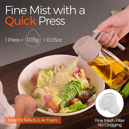YARRAMATE 16oz/470ml Glass Olive Oil Sprayer for Cooking with Stickers, 2 in 1 Oil Dispenser for Kitchen Gadgets, Food Grade Premium Spray Bottle for Salad, Frying, BBQ (LotusRootPink)