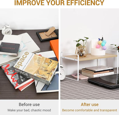 YGYQZ Wood Office Desk Shelf Organizer - Desktop Supplies Cute Dresser Top Organization Storage Rack and Cubicle Decor Aesthetic Bookshelf for Women Man and Kids (White Wood-Single Tier)