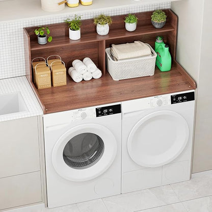 Washer Dryer Countertop with 2 Tier Shelf, 27.5" W × 54" L Laundry Wood Countertop with Edge Rails for Laundry Room Organization and Storage (Walnut)