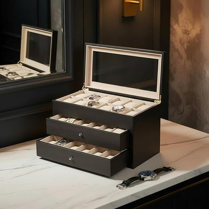 Bey-Berk Custom Personalized Watch Box Organizer - 36 Slot Luxury Solid Wood Designer Display, Large Watch Slots