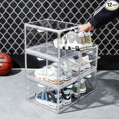 Acrylic Shoe Storage Boxes – Clear Plastic Stackable Shoe Organizer For Closet, Space Saving Shoe bins With Magnetic Doors 2 Lids Open For Sneakers, Trainers, Pumps, Heels, Flats (Clear- 4 Pack)
