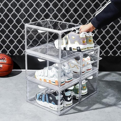 Acrylic Shoe Storage Boxes – Clear Plastic Stackable Shoe Organizer For Closet, Space Saving Shoe bins With Magnetic Doors 2 Lids Open For Sneakers, Trainers, Pumps, Heels, Flats (Clear - 8 Pack)