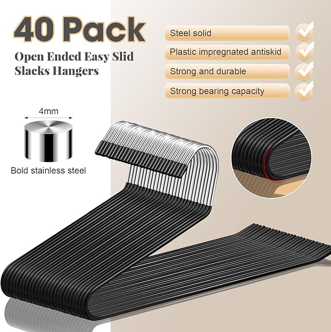 Treela 40 Pack Open Ended Pants Hangers, Metal Non Slip Trouser Hangers, Anti Rust Chrome Rubber Coating Slack Jeans, Heavy Duty Space Saving for Trousers Slacks Skirts