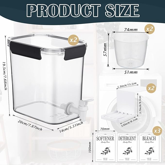 Soaoo 2 Pcs Laundry Detergent Dispenser 67.6 oz Liquid Soap Dispenser with Faucet for Laundry Room 2 Liquid Detergent Holder with Labels and Measuring Cup Fabric Softener Container