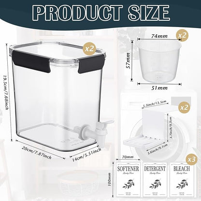 Soaoo 2 Pcs Laundry Detergent Dispenser 67.6 oz Liquid Soap Dispenser with Faucet for Laundry Room 2 Liquid Detergent Holder with Labels and Measuring Cup Fabric Softener Container