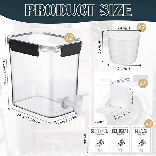 Soaoo 2 Pcs Laundry Detergent Dispenser 67.6 oz Liquid Soap Dispenser with Faucet for Laundry Room 2 Liquid Detergent Holder with Labels and Measuring Cup Fabric Softener Container