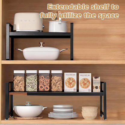 Expandable Adjustable Stackable Kitchen Organizer, Spice Rack, Cabinet Shelf for Space-Saving, Counter Shelf for Cabinets, Countertop, Cupboard, Wood and Heavy Duty Metal, Home kitchen Storage Rack