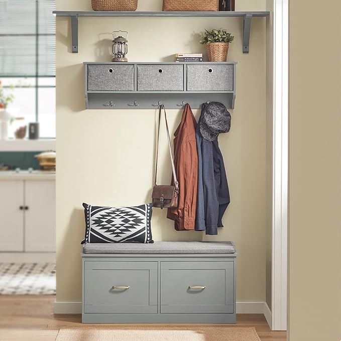 SoBuy Wall Shelf with Hooks, Coat Rack Wall Mount with Shelf Entrywall Storage Cabinet Unit with 3 Baskets 5 Hooks, Grey, FRG282-HG