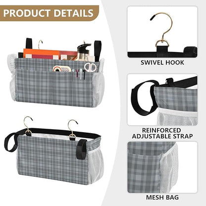 CuwrYet Bedside Caddy Hanging Bunk Bed Caddy Bed Organizer Hanging Pocket with 2 Hooks Bedside Storage Organizer Pocket Bag Holder Grey Plaid