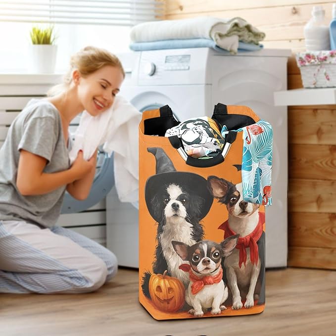 Laundry Hamper Basket Halloween Dogs Orange Storage Basket Collapsible Clothes Hamper with Handle Decorative Organizer Bins Basket for Blanket Toys Bathroom Dorm College