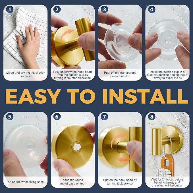 QQK Heavy Duty Suction Cup Hooks for Glass Window,Tile,Mirror,Removable Shower Hooks for Inside Shower,Metal Towel Hooks for Bathroom,4 Pack(Gold)