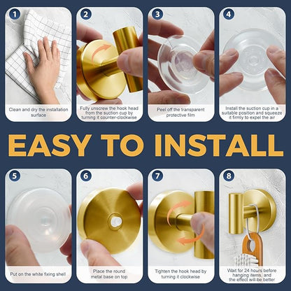 QQK Heavy Duty Suction Cup Hooks for Glass Window,Tile,Mirror,Removable Shower Hooks for Inside Shower,Metal Towel Hooks for Bathroom,4 Pack(Gold)