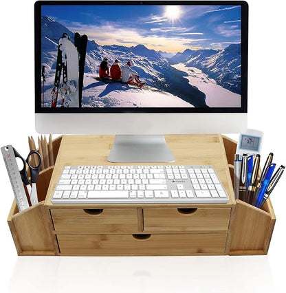 Bamboo Desk Organizer with Drawers, 2 Tier Wooden Desktop Organizer, Original Bamboo Desktop, Monitor Stands，for Office School Home Toiletries Supplies Vanity.