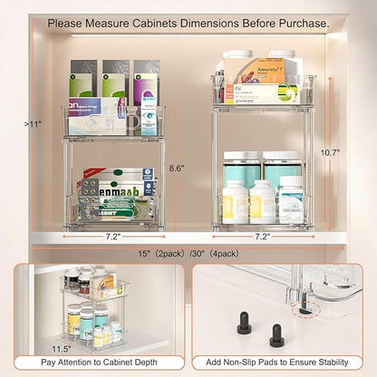 Delamu 2 Tier Snap-Lock Bathroom Under Sink Organizers and Storage, Multi-Purpose Cabinet Drawers with Movable Dividers, Pull Out Organization for Countertop, Kitchen and Pantry(Clear, 4 Pack)
