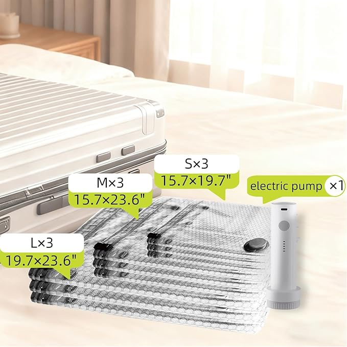 Lazyfeel 12-Pack Vacuum Travel Storage Bags with Electric Pump, Space Saver Compression Bags for Suitcases & Home Storage, 3 Sizes for Clothes, Quilts & Travel, Portable USB Rechargeable Pump