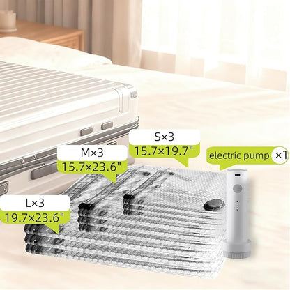 Lazyfeel 12-Pack Vacuum Travel Storage Bags with Electric Pump, Space Saver Compression Bags for Suitcases & Home Storage, 3 Sizes for Clothes, Quilts & Travel, Portable USB Rechargeable Pump