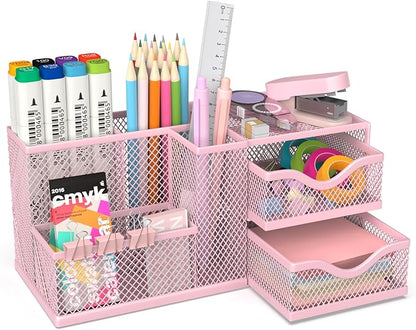 Mesh Desk Organizer, Pen Organizer with 2 Drawers and 5 Compartments, Versatile Pen Holder for Small Space, Desk Organizers and Accessories for School Office Supplies, Pink