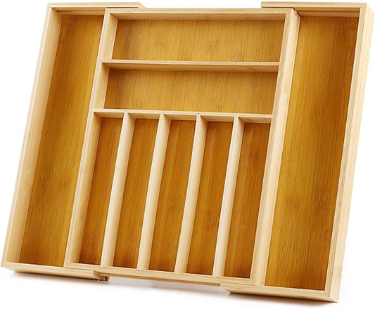 Bamboo Drawer Organizer, Expandable Flatware Cutlery Tray, 9 Slots Adjustable Kitchen Utensil Drawer Dividers Silverware Tray Holder for Spoons, Forks, Knives (Natural)