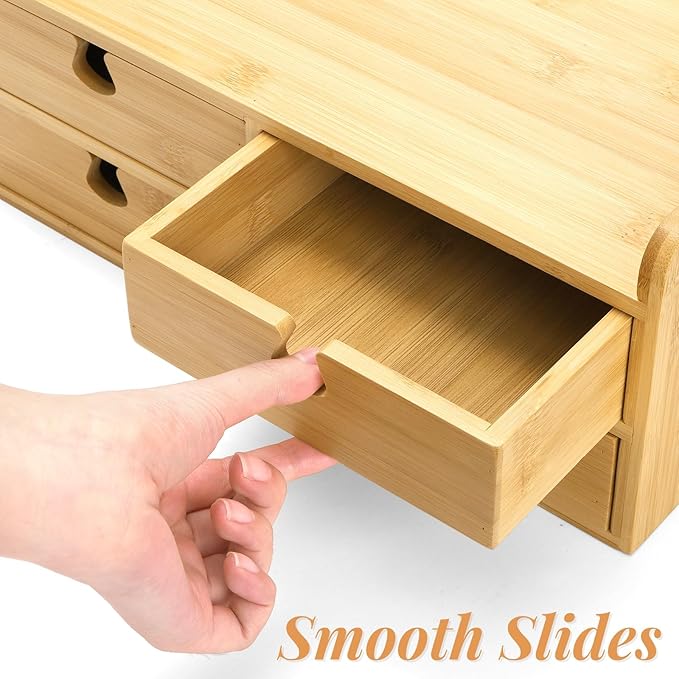Bamboo Desk Organizer with Drawers, Small 3 Tier Desktop Drawers for Countertop, Mini Tabletop Storage Containers with Anti-scratch Pads for Home Office Supplies Makeup, No Assembly Required