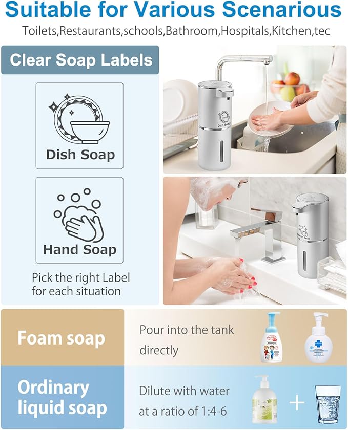 Gotofine Automatic Foaming Soap Dispenser,4-Level Adjustable Foam, Wall Mount, USB Rechargeable,12.8oz/ 380ml,Touchless Hand & Dish Soap Dispenser for Bathroom, Kitchen,Hotel, Restaurant