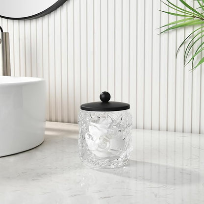 Indecor Home Clear Transparent Apothecary Floral Embossed Glass Jar With Matte Black Metal Lid Cover for Bathroom Organization, Cotton Balls, Q Tips, and Small Accessories, Bathroom Storage