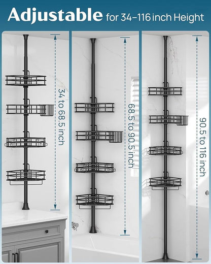 SEIRIONE Corner Shower Caddy Tension Pole, Quick Setup, Rust-Free Bathroom Shower Organizer Corner for Bathtub Shampoo Storage, 4-Tier Adjustable Shelf, Drill Free, Fits 34 to 116 Inch Height, Black