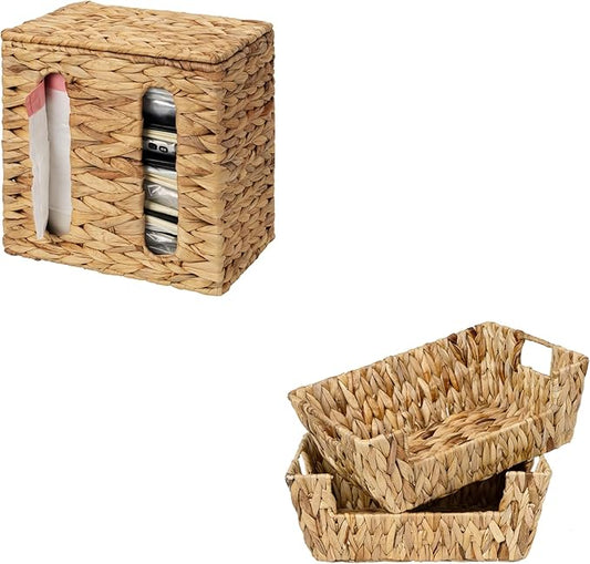 StorageWorks Garbage Bag Dispenser with Lid, tackable Water Hyacinth Storage Baskets